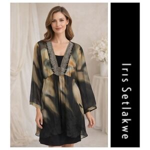 Iris Setlakwe 100% Silk Beaded V Neck Sheer Kimono Tunic Top Quiet Luxury S